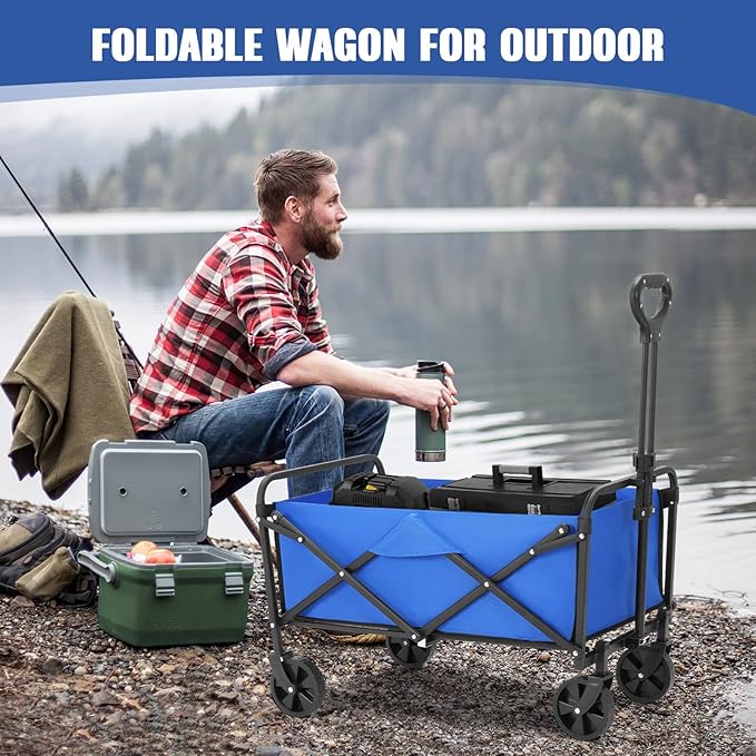 Collapsible Foldable Wagon,Wagons Carts Foldable with Wheels,Utility Grocery Folding Beach Wagon for Sand Garden Sports Shopping Outdoor(Lake Blue).