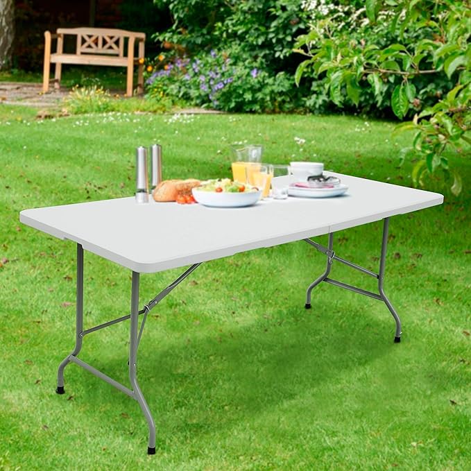 FORUP 6ft Table, Folding Utility Table, Fold-in-Half Portable Plastic Picnic Party Dining Camp Table (White)