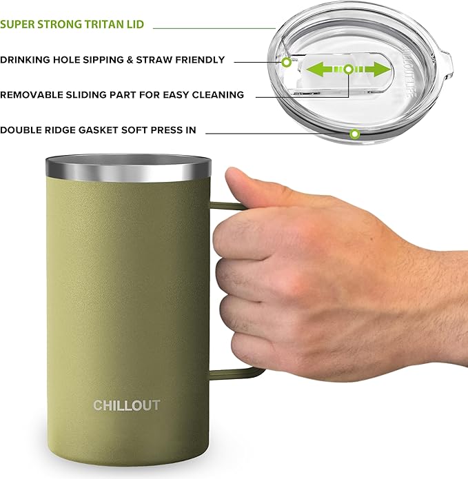 CHILLOUT LIFE Stainless Steel 20 oz Vacuum Insulated Coffee Mug with Handle and Lid, Large Thermal Camping Coffee Mug Cup with Durable Sliding Lid for Men & Women, Keeps your Beverages Hot/Cold