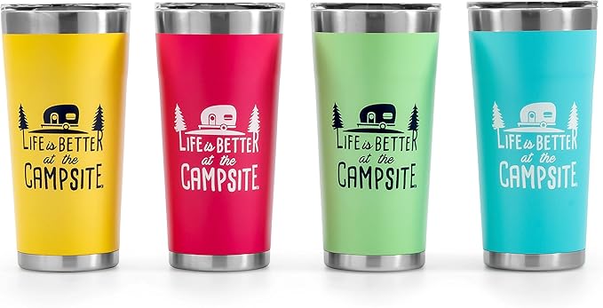 Camco Life is Better at The Campsite Tumbler | Heavy Duty Double Wall Vacuum Insulation | Crafted of 18/8 Stainless Steel | Unique “Life is Better at The Campsite” Design on Coral Pink | 20-oz (53061)