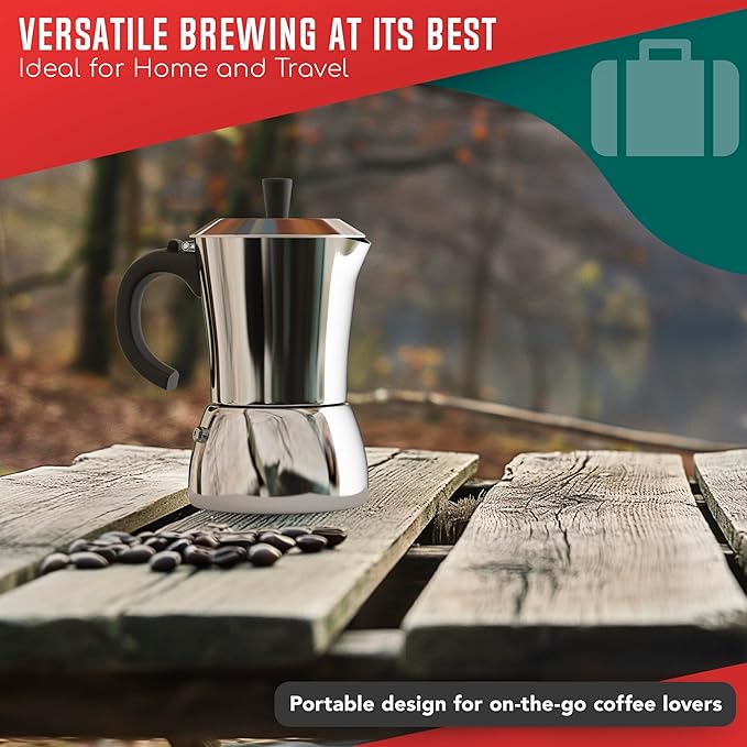 LuxHaus Moka Pot - 6 Cup Stovetop Espresso Coffee Maker - 100% Stainless Steel Italian and Cuban Mocha Coffee Maker