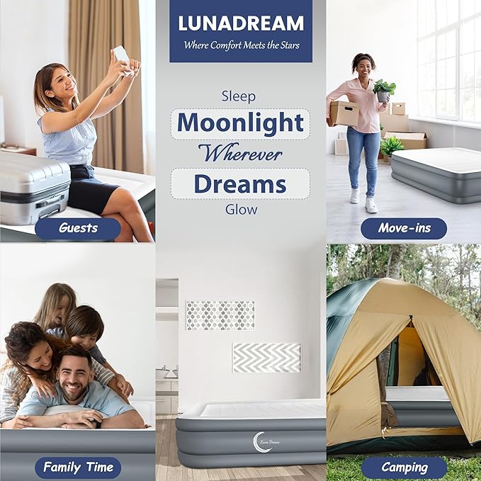 Eclipse Series Queen Air Mattress with USB Rechargeable Built-in Pump, Wireless Inflatable Airbed, Durable Leakproof Design, Portable for Home & Camping