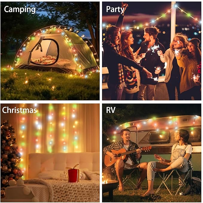 Camping String Lights, 2 in 1 Outdoor Rechargeable LED Fairy Lights With 5 Lighting Modes(26.3ft), Portable IPX4 Waterproof Tent Light for Outdoor Indoor Camping Party RV Decor (Multicolor Light)