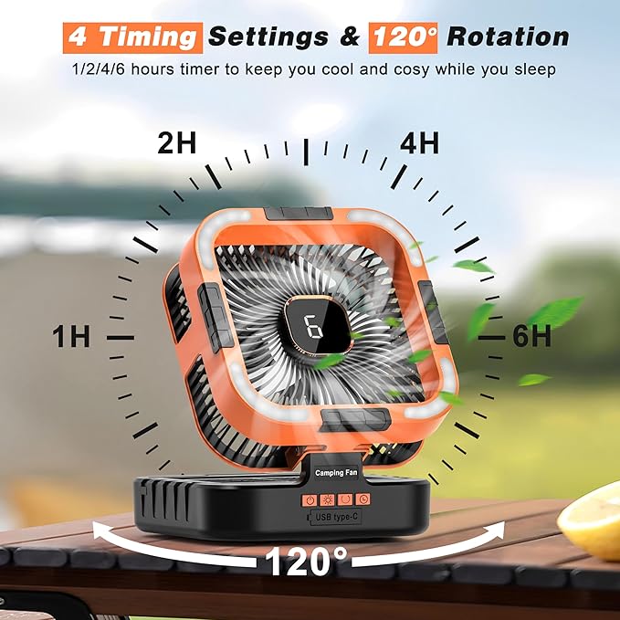 Solar Camping Fan Rechargeable 10000mAh Battery Operated Tent Fan with LED Lantern,120°Head Rotation, LED Screen,Timer, 6 Speed Solar Powered for Outdoor Travel Beach Home