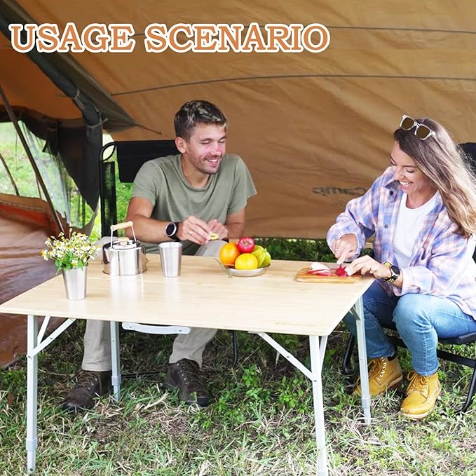 KingCamp Bamboo Folding Camping Table with Adjustable Height Aluminum Legs 2-Folds Portable Camp Tables for Travel, Picnic, 4-6 People