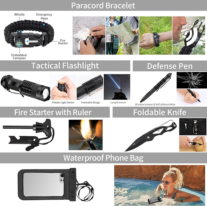 Emergency Survival Kit, Camping First Aid Survival Kit with Molle Pouch for Earthquake Preparedness Outdoor Adventure, Black