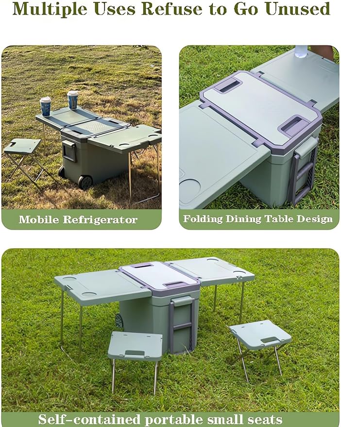 Multi Function Rolling Cooler, Warm with Wheels Table and 2 Chairs for Picnic Camping Outdoor, Foldable Upgraded Stool, 32L Heat Insulation Box (Color : Green)