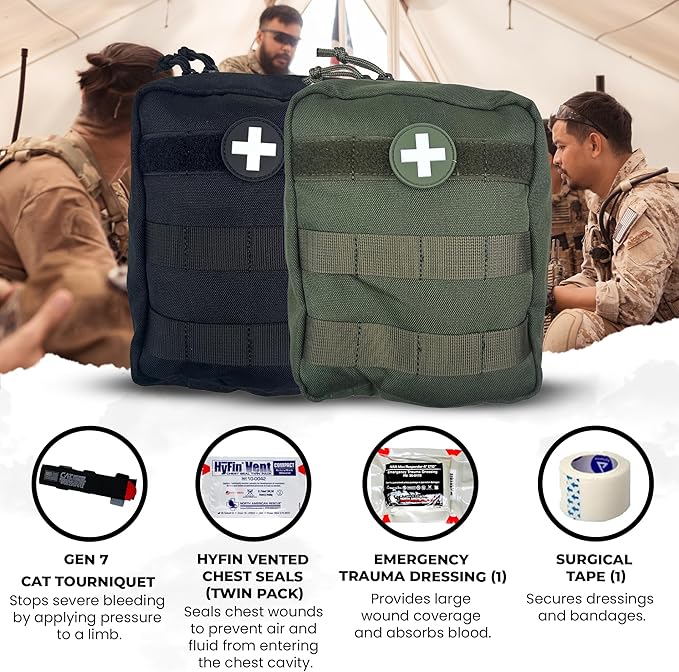 IFAK (Individual First Aid Kit) Trauma Kit with CAT Tourniquet — Medical Pouch for Tactical, Outdoor, Hiking, Military — Backpacking Emergency Medical Kit for Bleeding Control (OD Green)