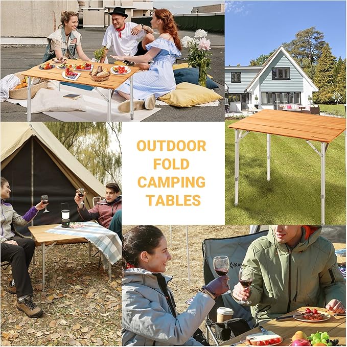KingCamp Lightweight Stable Folding Camping Table Bamboo Outdoor Folding Tables Adjustable Height Portable Picnic