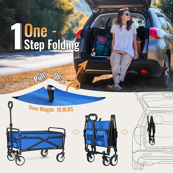 LUXCOL Wagon Cart Foldable, Collapsible Folding Wagon with All-Terrain Wheels & Adjustable Handle, Portable Heavy Duty 200LBS Weight Capacity for Grocery Shopping, Sport, Camping, Garden, Outdoor Use