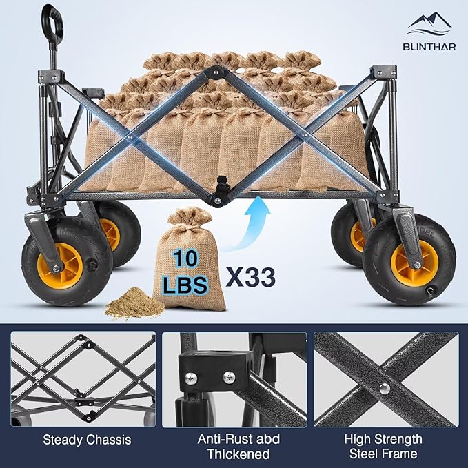 Beach Wagon, Heavy Duty Collapsible Folding Wagon with All-Terrain 9" Pneumatic Tires & Drink Holders, Utility Grocery Wagon for Garden Sports Camping Outdoor Activities