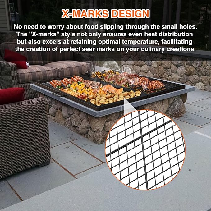 only fire Foldable X-Marks Fire Pit Cooking Grate, Portable Campfire BBQ Grill for Outdoor, Square Heavy Duty Steel Campfire Grill Grate with Handles, 36 inch