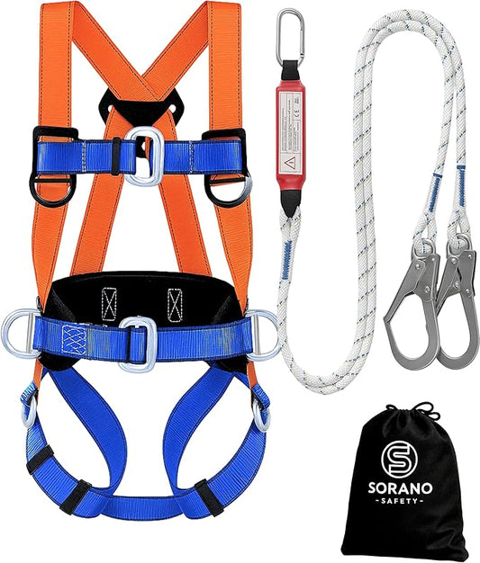 Sorano Safety Harness Fall Protection Kit, Full Body Roofing harnesses with Shock Absorbing Lanyard for Men, Fall Protection Harness for Construction Arneses De Seguridad Para Construcción, OSHA/ANSI