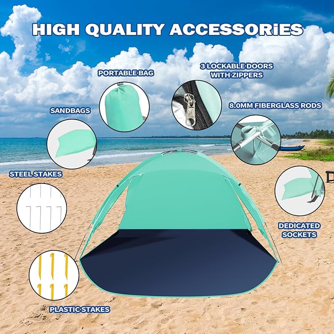 Beach Tent for 3-4 People, UPF50+ Sun Shelter with Breathable 3-Zipper Door Design, 8.0mm Reinforced Fiberglass Poles, Portable Shade Canopy for Beach & Camping (Green)