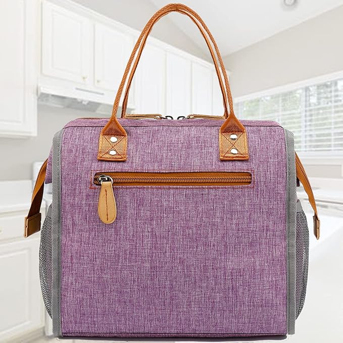 FlowFly Insulated Lunch Bag Wide-Open Lunch Box Large Tote Leakproof Cooler with Drink Holder and Multi Pockets for Women Men Adult Kids Work Picnic Travel Beach Hiking, Purple