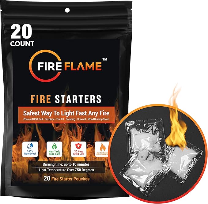 FireFlame Quick Instant Fire Starter -100% Waterproof All-Purpose Indoor & Outdoor FireStarter, for Charcoal Starter, Campfire, Fireplace, Firepit, Smoker - Odorless and Non-Toxic - 20 Pouches in Bag