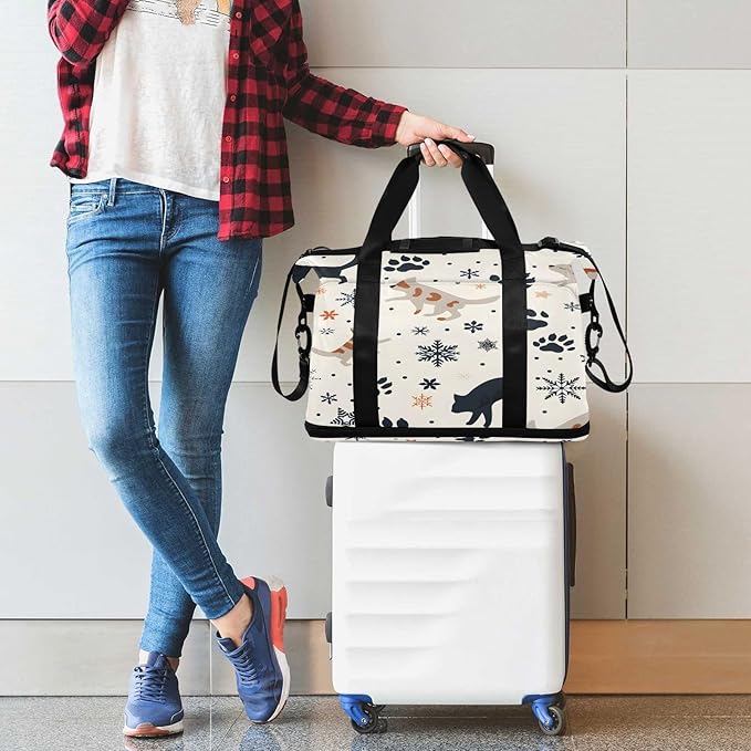 Christmas Snow Cat Travel Duffel Bag Waterproof Gym Sport Tote Bag Carry On Weekender Bag with Compartment