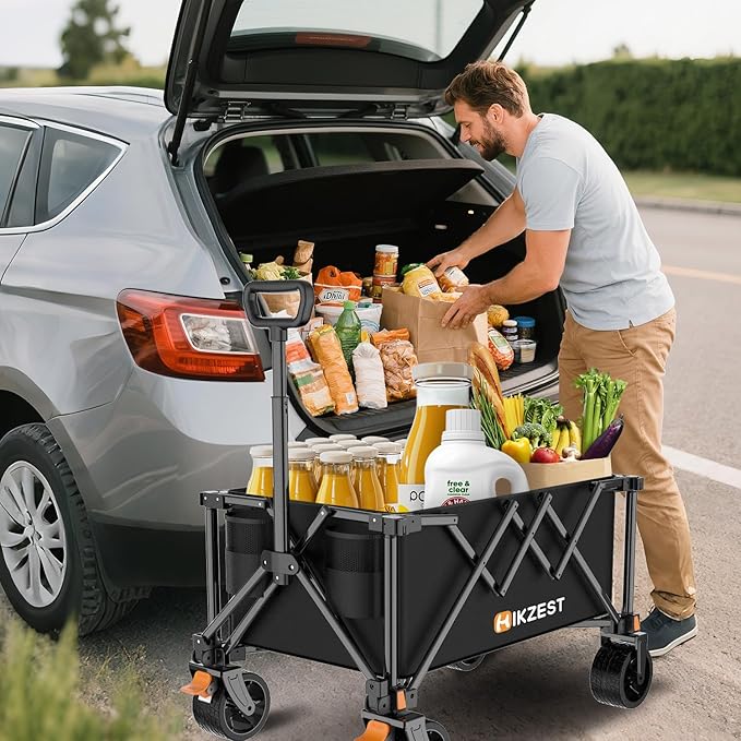 Collapsible Wagon Cart Foldable, 360LBS Heavy Duty Utility Wagon, Beach Wagon with Wider Wheels, Portable Grocery Cart for Camping, Shopping, Garden, Sports, Black