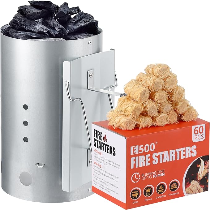 E500 Larger Charcoal Chimney Starter with 60Pcs Charcoal Starter, Coal Chimney Starter for Grill, BBQ Fire Starter Kit