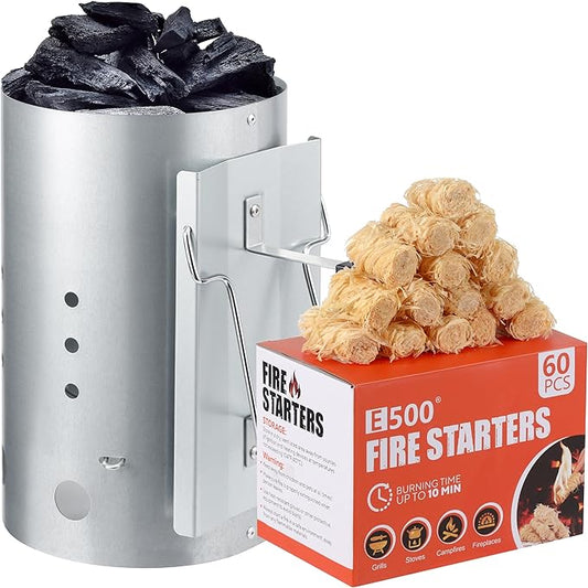 E500 Larger Charcoal Chimney Starter with 60Pcs Charcoal Starter, Coal Chimney Starter for Grill, BBQ Fire Starter Kit