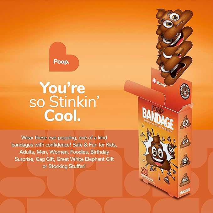 BioSwiss Bandages, Poop Shaped Self Adhesive Bandage, Latex Free Sterile Wound Care, Fun First Aid Kit Supplies for Kids, 24 Count