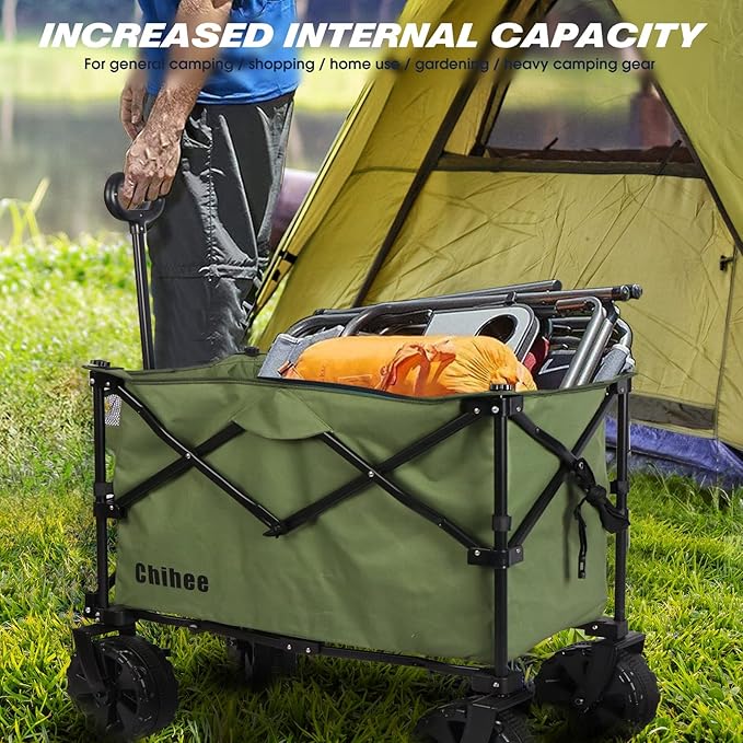 Chihee Folding Beach Wagon Cart, Army-Green, Large Capacity, Removable Fabric, Portable, Lightweight, with Braking System, for All-Terrain Wheels, Ideal for Camping Trips