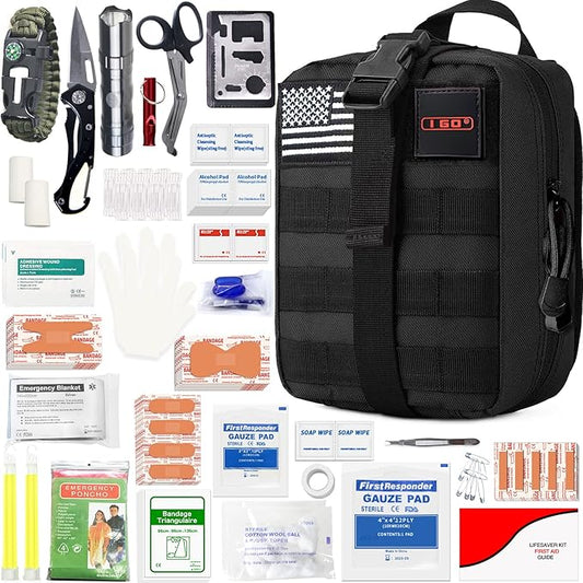 I GO Survival First Aid Kit, 251 Pieces Compact Tactical Trauma First Aid Bag, Molle Compatible Emergency Pouch for Outdoor Camping Hiking Backpacking and Travel