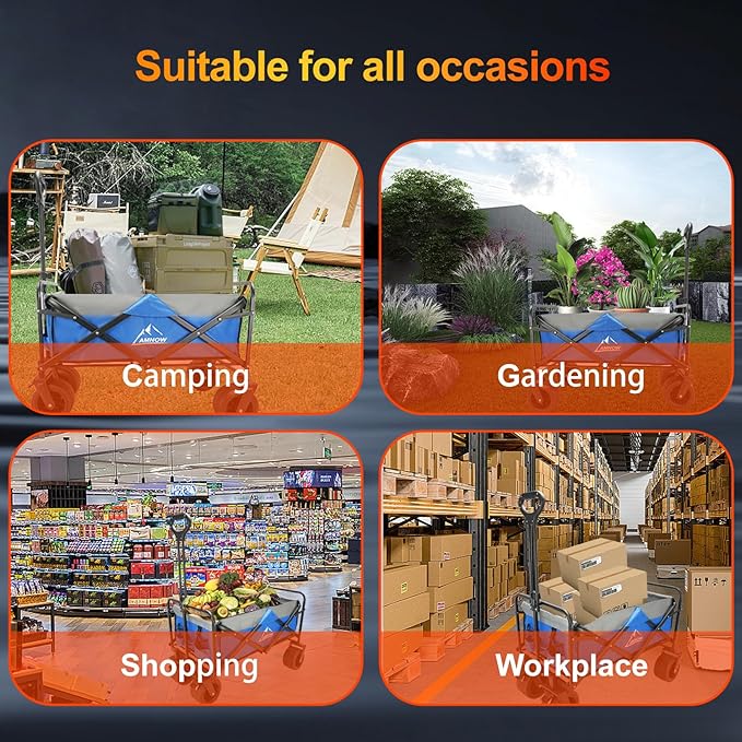 Collapsible Foldable Wagon, Utility Large Capacity Beach Wagon with Big Wheels, Shopping Wagon Cart with Side Pocket and Brakes for Sand Garden Grocery Sports Camping, D-blue