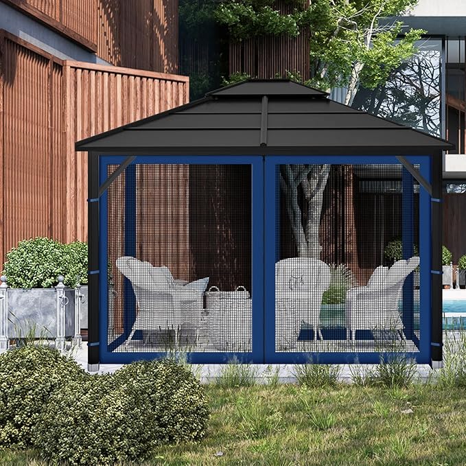 Gazebo Replacement Mosquito Netting Outdoor Universal Gazebo Canopy 4-Panels Screen Sidewalls with Zipper for Patio Garden (Navy Blue, 10x10)