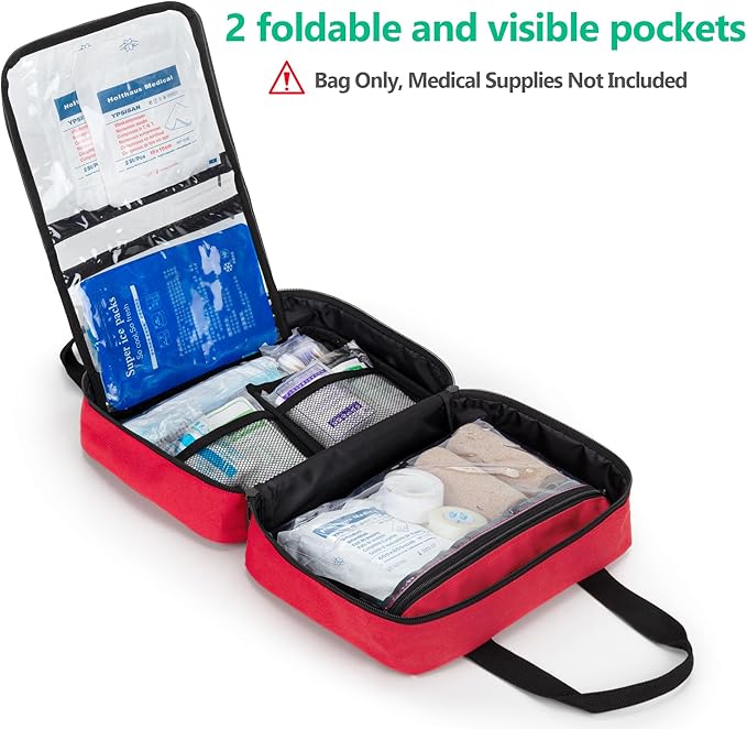 CURMIO Small First Aid Bag, Empty Emergency Trauma Kit Organizer Bag for Hiking, Camping, Car, Travel, Home and Outdoor, Red, BAG ONLY, Patent Pending