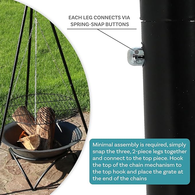 Sunnydaze Outdoor Fire Pit Tripod Cooking Grill System - Black Steel Grate and Legs - 22-Inch