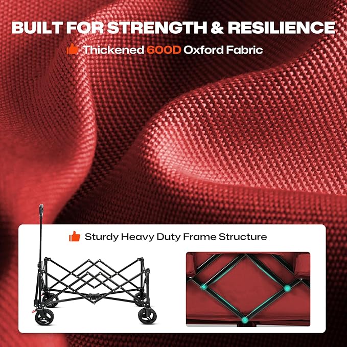 Overmont Collapsible Wagon Cart with Wheels - 220L Foldable Heavy Duty Wagon with Big All-Terrain Wheels - 330Lbs Weight Capacity with Side Pockets for Camping Sports Garden Grocery Shopping red