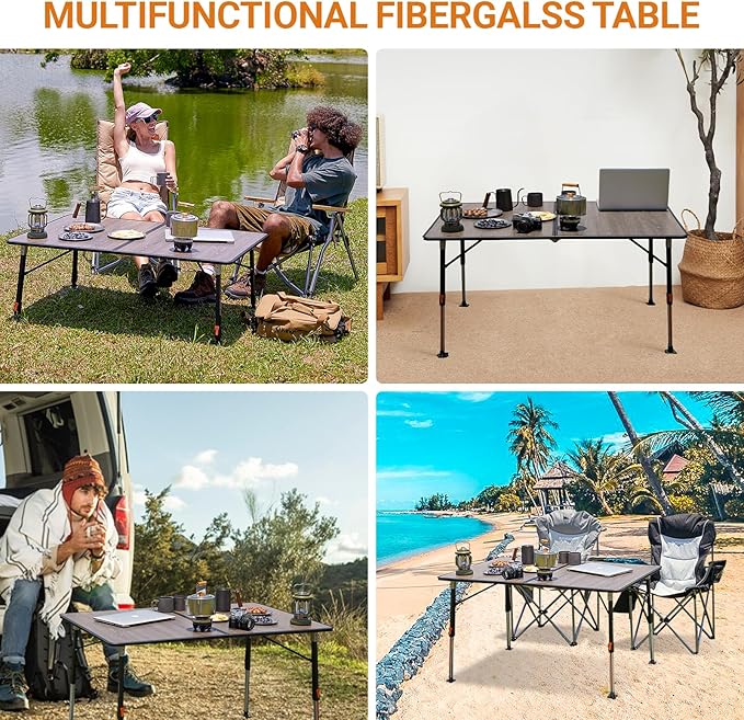 KingCamp Folding Glass Fiber Camping Table, Portable Camp Table with Adjustable Height Aluminum Legs & Carry Bag for Outdoor, Picnic, Beach, Party, Indoor, Use for 4-6 People