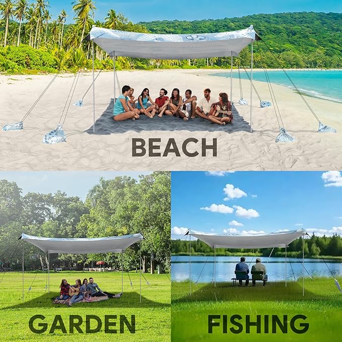 Beach Tent Sun Shelter, 10 x 10 FT Beach Canopy Tent Sun Shade, UPF50+ Beach Tent Canopy with 8 Sandbags & 4 Stability Poles, Outdoor Beach Tent for Beach Camping Fishing, Starfish