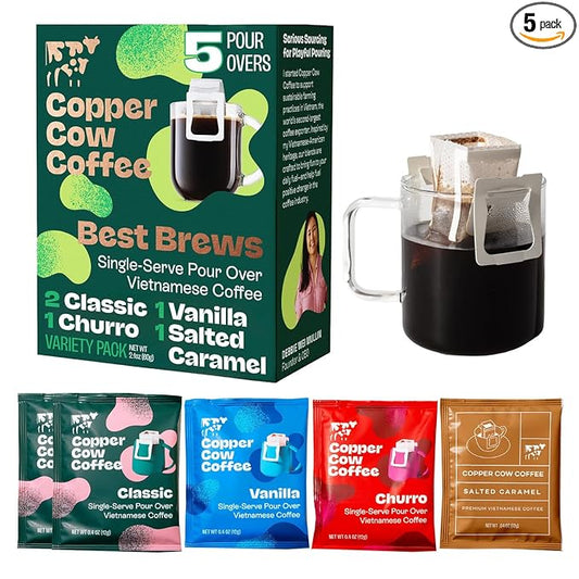 Copper Cow Premium Pour Over Single-Serve Vietnamese Coffee | Best Brews Variety Pack (Includes 5 coffees) | Classic Black, Churro, Vanilla, & Salted Caramel