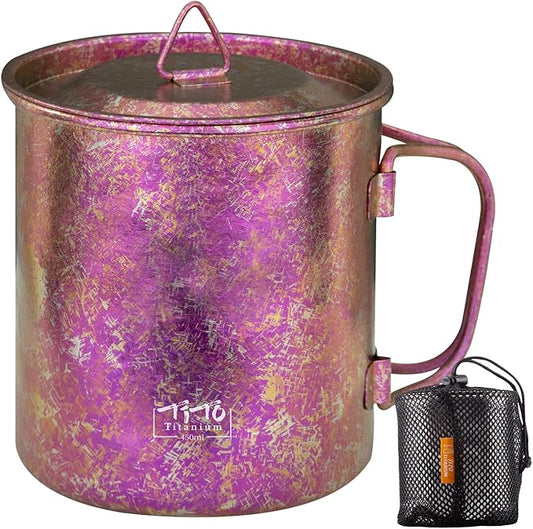 TiTo Titanium Cup Titanium Pot with Lid Ultralight Portable 450ml Foldable Handle Camping Tea Coffee Water Mug for Outdoor Backpacking Hiking Picnic Drinkware with Mesh Sack (Rose Red)