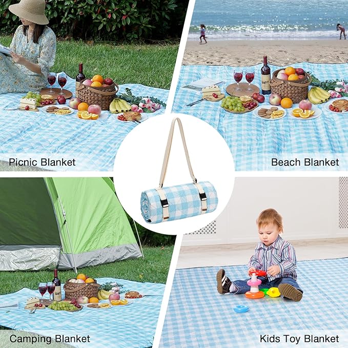 Picnic Blanket, 80''x80'' Waterproof Outdoor Blankets, Picnic Mat Washable for Beach, Picnic Blankets for Camping on Grass with Shoulder Strap - Blue & White
