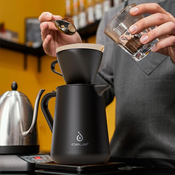 Ideus Insulated Pour Over Coffee Maker Set 20oz, Stainless Steel Coffee Pot Pour Over Set Camp Coffee Carafe BPA-Free with Dripper and Tea Infuser for Home, Office & Camping (Black)