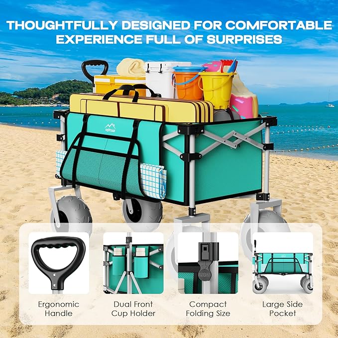 Beach Wagon with Big Wheels for Sand, All Terrain Steel Frame Foldable Beach Cart, 9" Inflatable Tires, 200L Large Capacity, Collapsible Design for Easy Transport, Lightblue