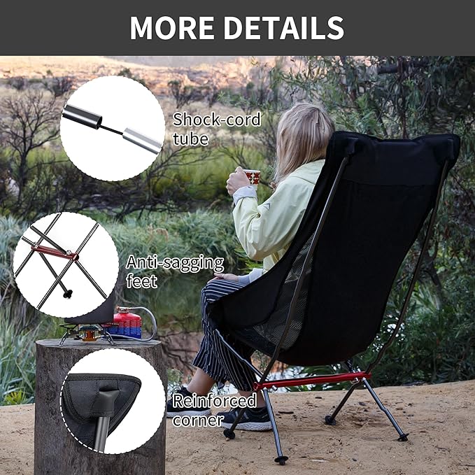 Naturehike Folding Camping Chair, Lightweight High Back Portable Compact Chair, Large Heavy Duty 330lbs for Adults, Hiking Camp Backpacking Beach Picnic Fishing with Storage Bag, Black