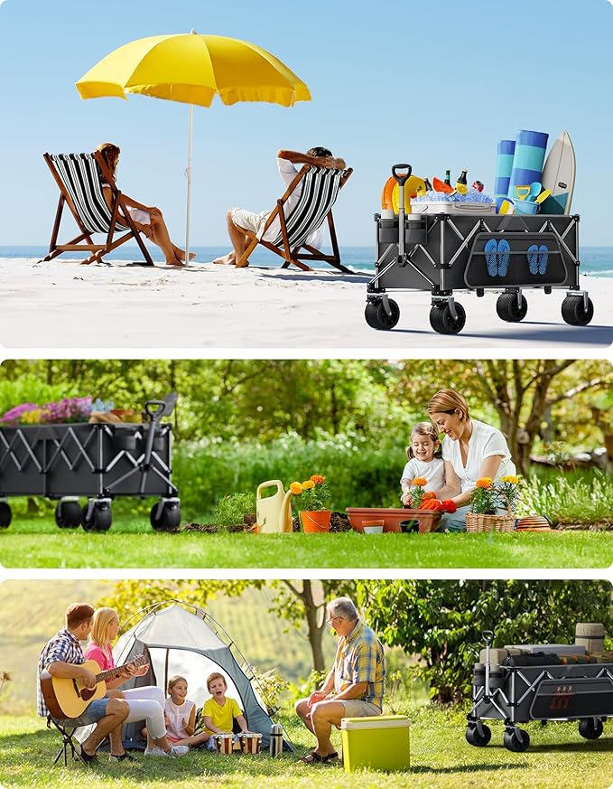 Collapsible Wagon, 440lbs Wagons Carts Foldable with Big Wheels, Heavy Duty Utility Folding Wagon for Garden Camping Grocery Beach-Dark Gray