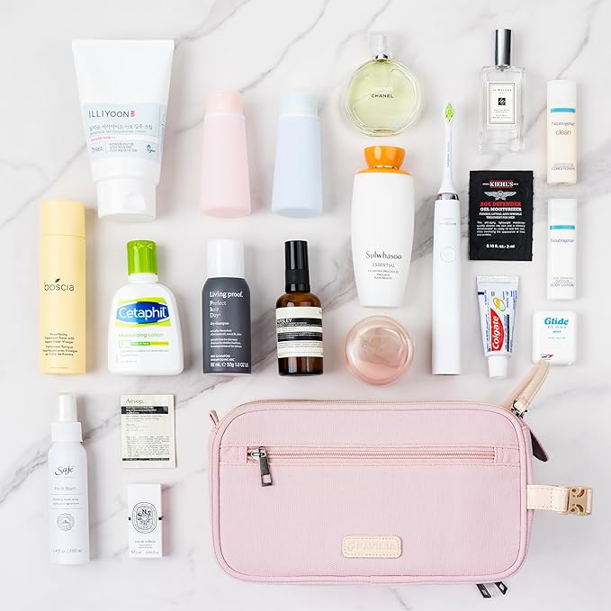 PAVILIA Toiletry Bag for Women, Canvas Travel Dopp Kit, Water Resistant Hygiene Bag Toiletries Organizer, Shaving Kit Travel Accessories Bag, Pink