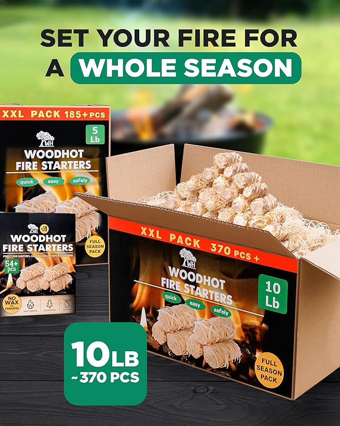 WH Natural Fire Starters for Campfires & Grill - 10lb - 370 pcs Large Box - Long-Burning Charcoal Starters - Odorless Firestarters for Outdoor Fire Pit, Fireplace - Quick Ignite