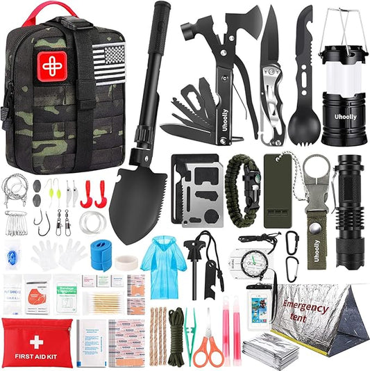 Survival Kit, Gifts for Men Women Teen Boys, 252 pcs Survival Gear and Equipment Mini First Aid Kit for Car Home, Emergency Kit with Molle System for Earthquake, Outdoor Adventure, Car Travel