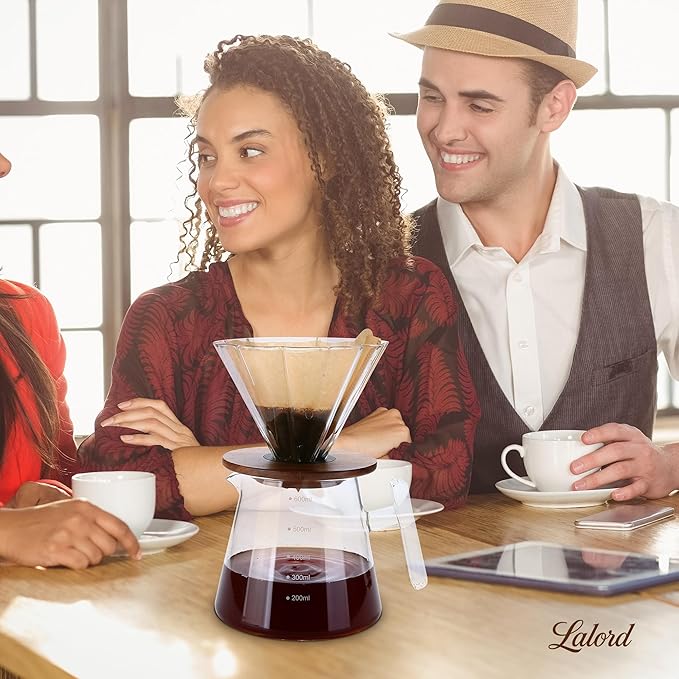 Pour Over Coffee Maker, 20 oz Borosilicate Glass Set with 100 pcs Paper Filter, Walnut Collar & Glass Lid, Drip Coffee Maker, 1-3 Cups, Clear, 600 ml(glass handle)