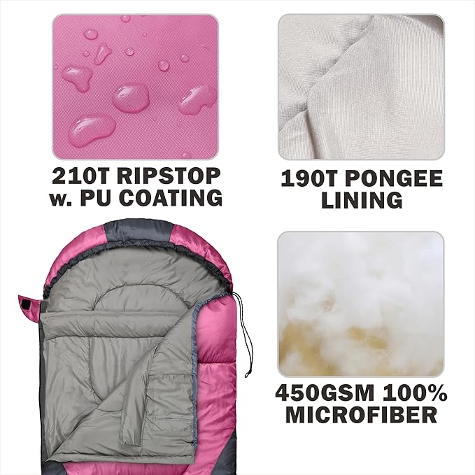 0 Degree Winter Sleeping Bags for Adults Camping (450GSM) - Temp Range (5F–32F) Portable Waterproof Compression Sack- Camping Sleeping Bags for Big and Tall in Env Hoodie: Backpacking Hiking 4 Season
