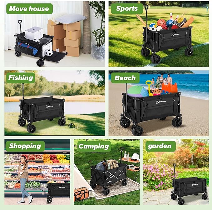 300L Utility Wagon, 440lbs Wagons Carts Foldable Capacity Beach and Garden Cart with Big Wheels for Sand, Elastic Rope for Groceries, Moving, Camping - Black