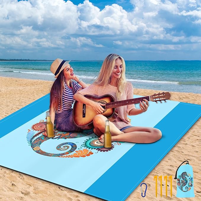 Large Beach Blanket Waterproof Sandproof 79"x 83" for 1-4 Adults,Quick Drying Beach Mat,Lightweight & Durable,Beach Essentials for Family Beach Camping Travel Picnic (Sea Horse)