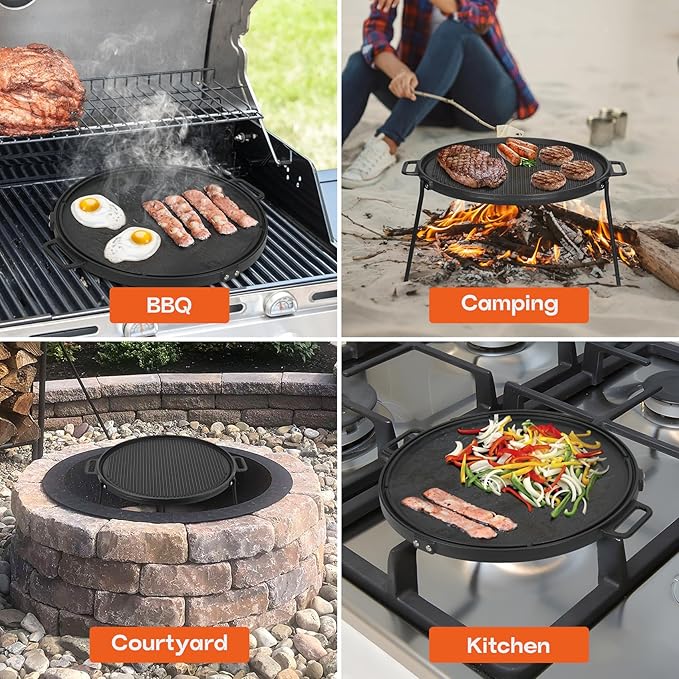 Onlyfire 18" Campfire Grill Griddle, Double Sided Reversible Portable Campfire Grill, Cast Iron Camping Griddle with Handles, 3 Removable & Height Adjustable Legs, Perfect for Grills and Outdoor BBQ