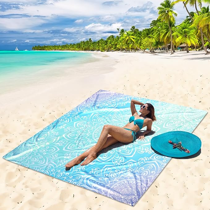 AISPARKY Beach Blanket Waterproof Sandproof Quick Drying Beach Mat Extra Large Outdoor Picnic Blanket for Travel Camping Hiking (MTL-JB-Blue, 79" X 83")